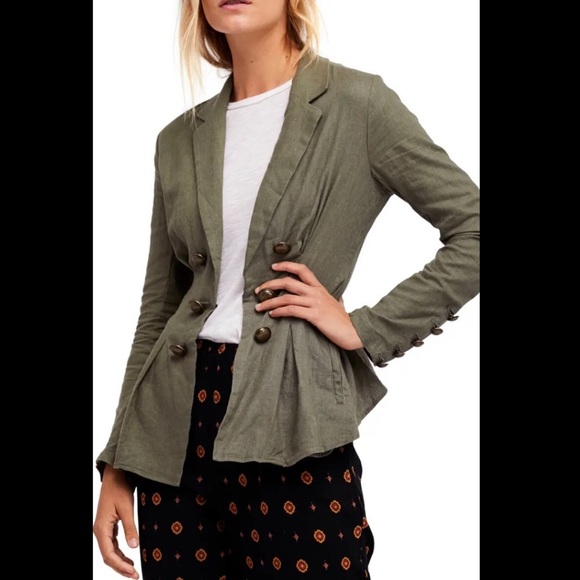 Free people cinched waist button detail olive army green linen blazer size xs - Picture 4 of 16